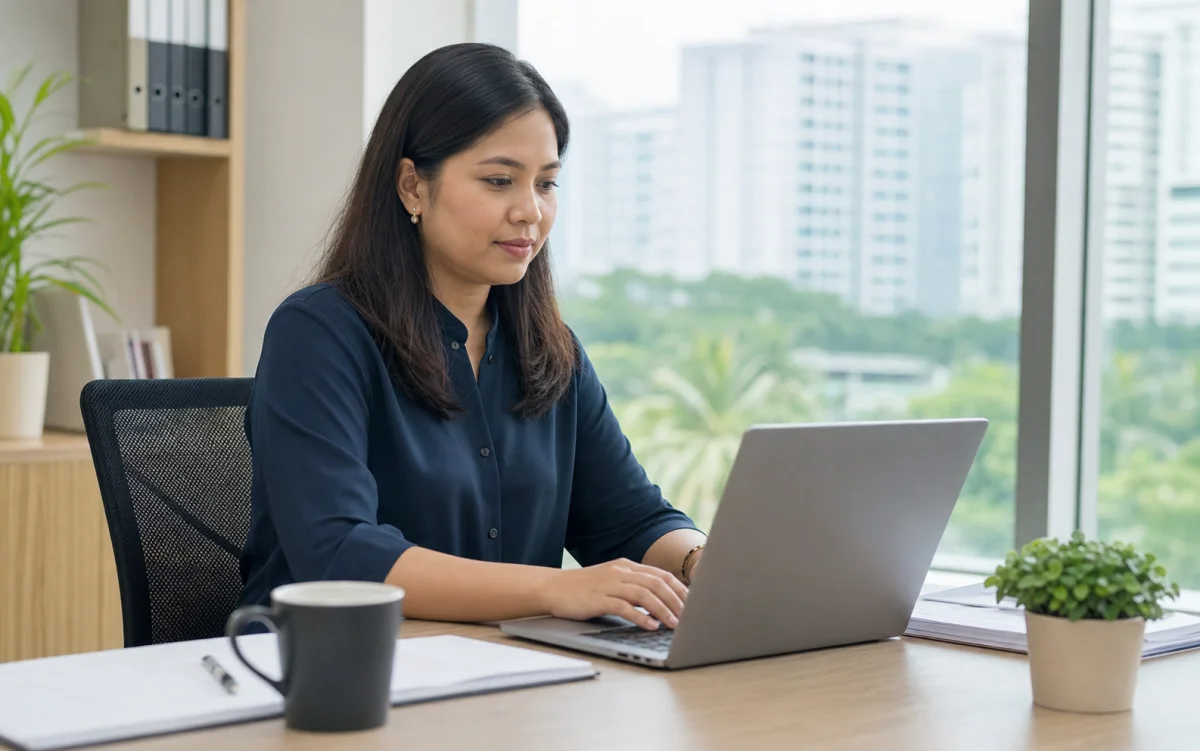 Singaporean programme coordinator working calmly at an organised office desk