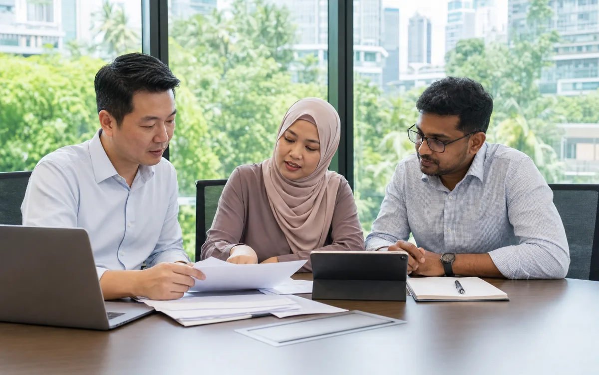 Multicultural Singaporean compliance team reviewing reports and supporting documents together