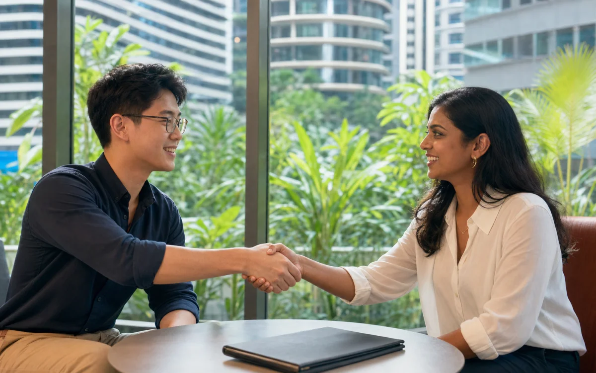 Singaporean trainee and employer representative shaking hands after a placement conversation