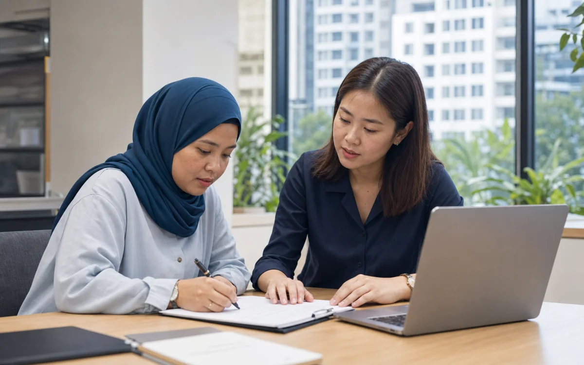 Singaporean applicant completing a form with a programme coordinator in a local training office