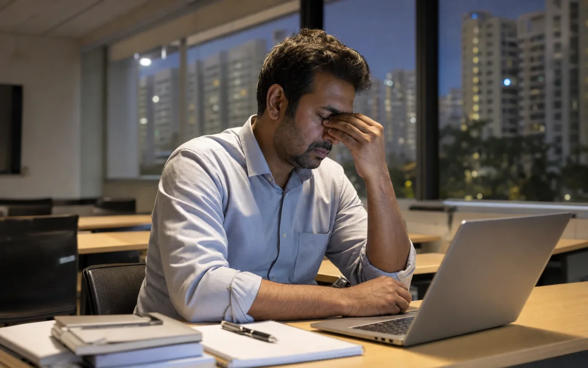 Singaporean mid-career learner studying alone at a laptop in an evening classroom