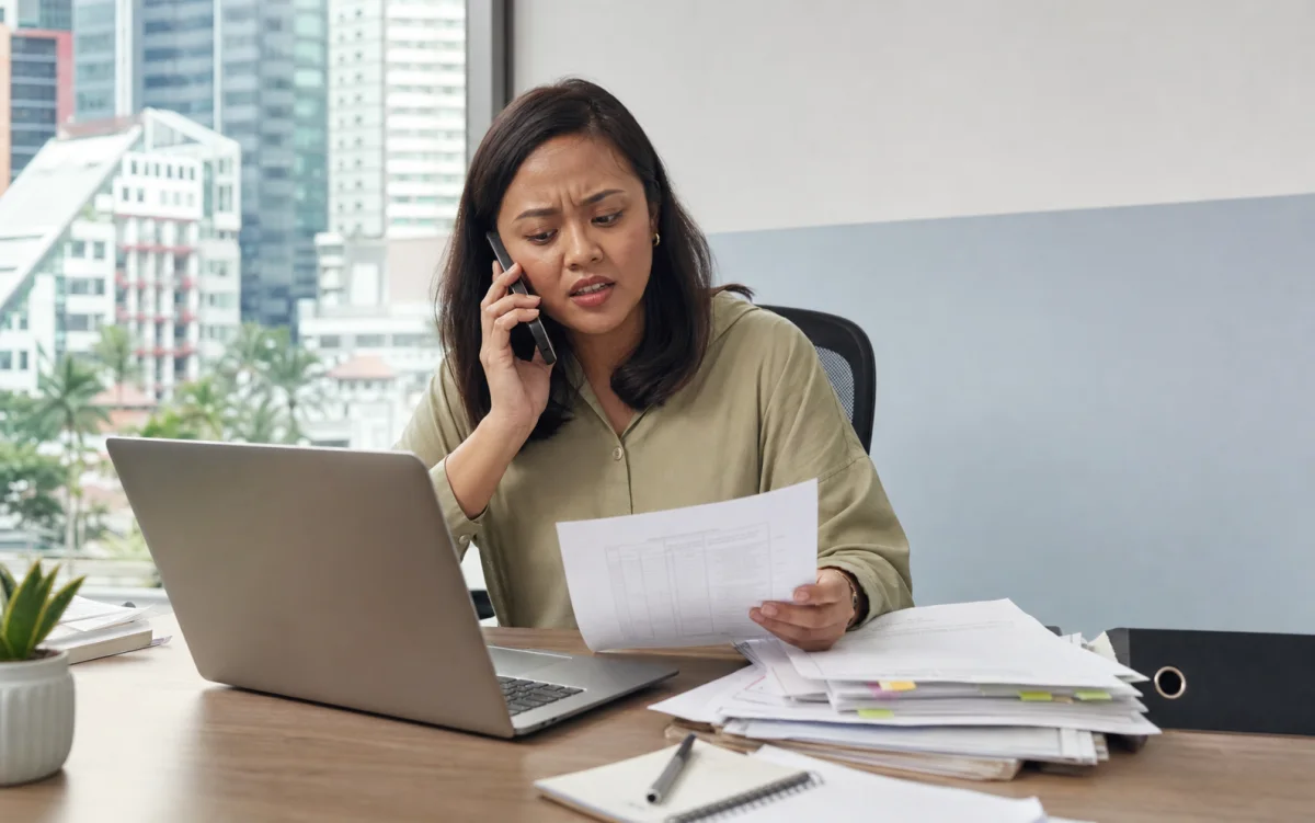 Singaporean programme administrator checking employment documents while speaking on the phone
