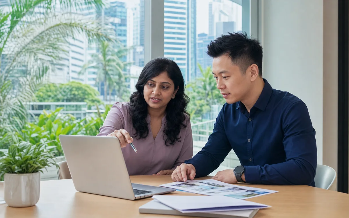 Singaporean programme advisers reviewing an applicant profile and course options together