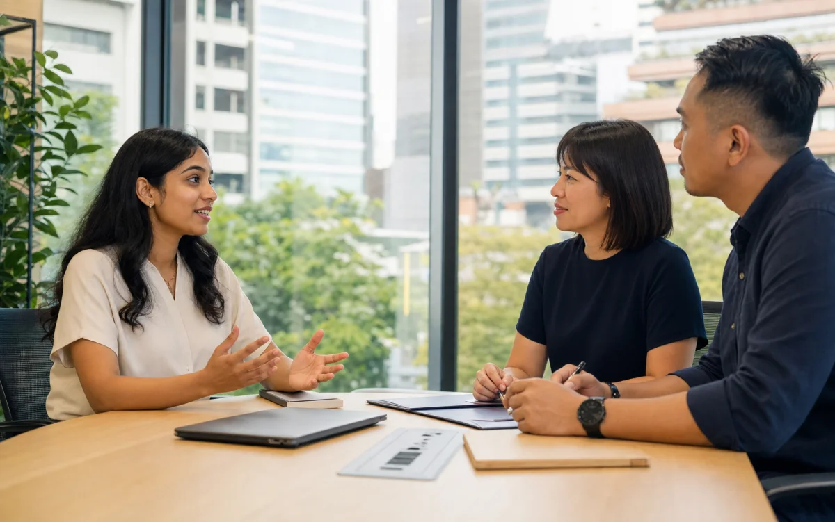 Singaporean job candidate speaking with local hiring professionals during an interview