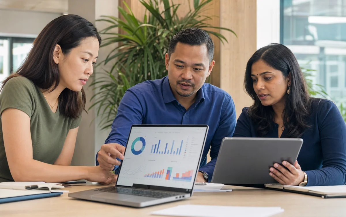 Multicultural Singaporean coordinator team reviewing trainee progress data together