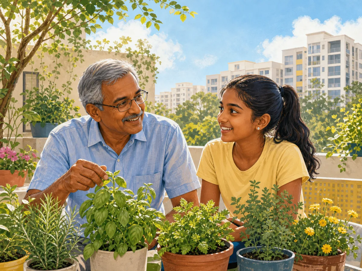 Older man and teenage girl tending plants together
