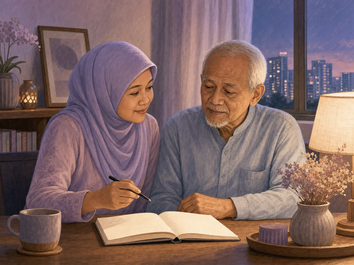 Caregiver and older parent reviewing a journal together at home