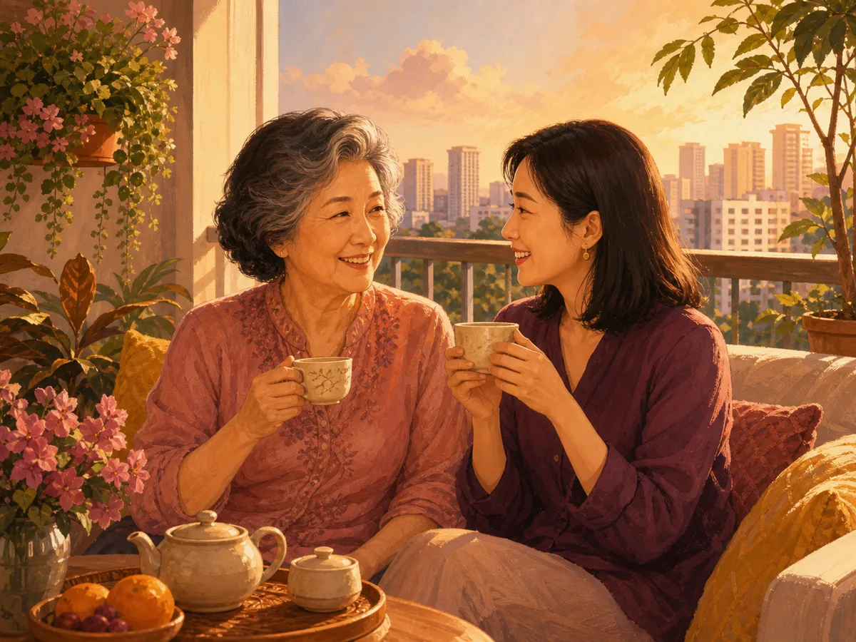 Older woman and her daughter sharing tea on a balcony