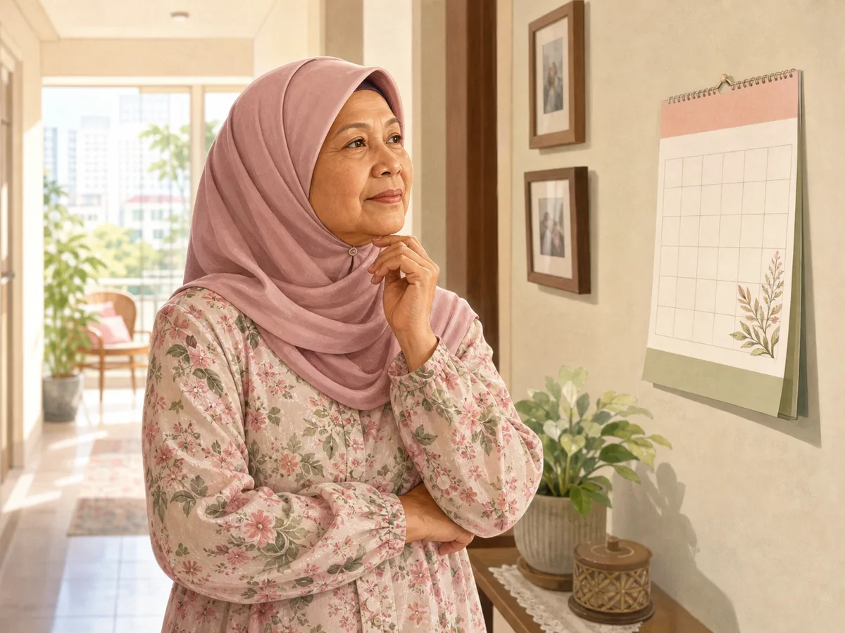 Older woman pausing by a calendar in her home
