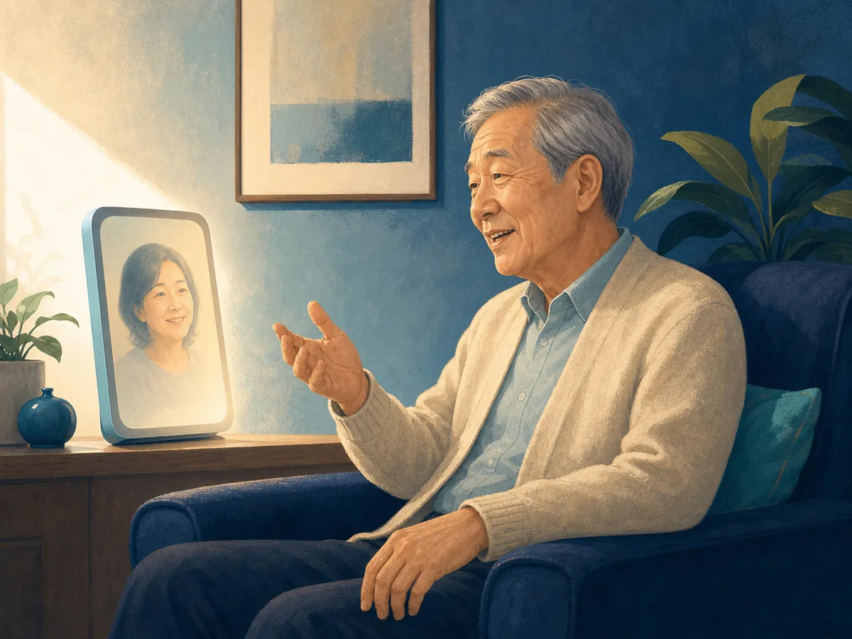 Older man having a warm conversation with a familiar face on a home screen