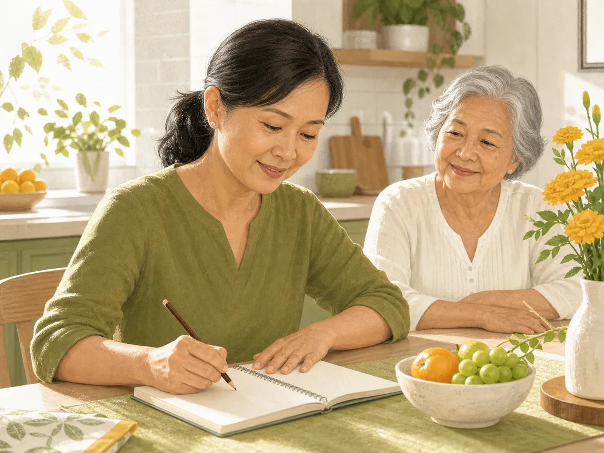 Caregiver and older relative planning a familiar home routine together