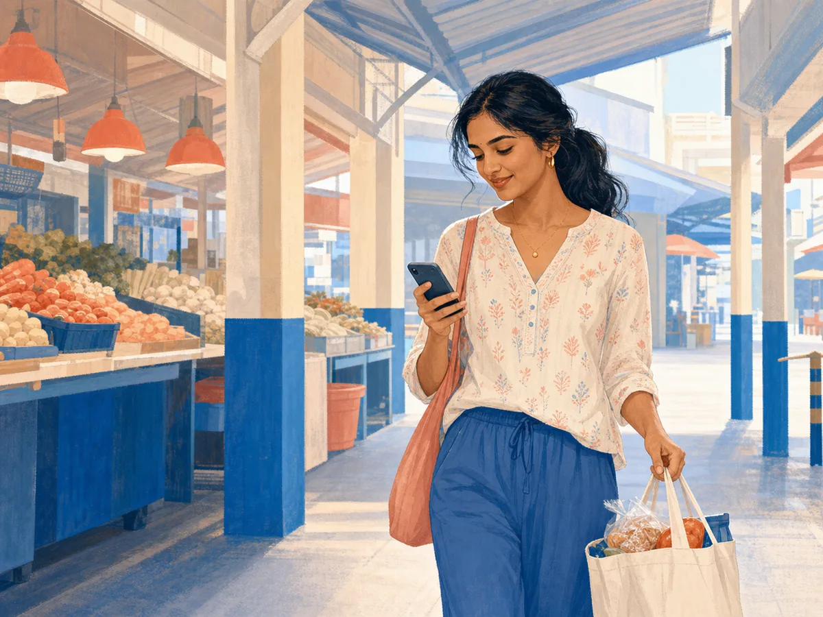 Caregiver carrying groceries at a neighbourhood market