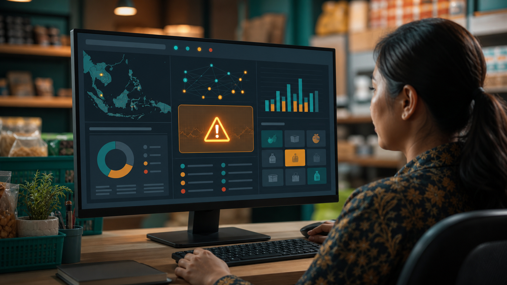 Pasar Pulse console displaying sales metrics, inventory and a customer-review alert