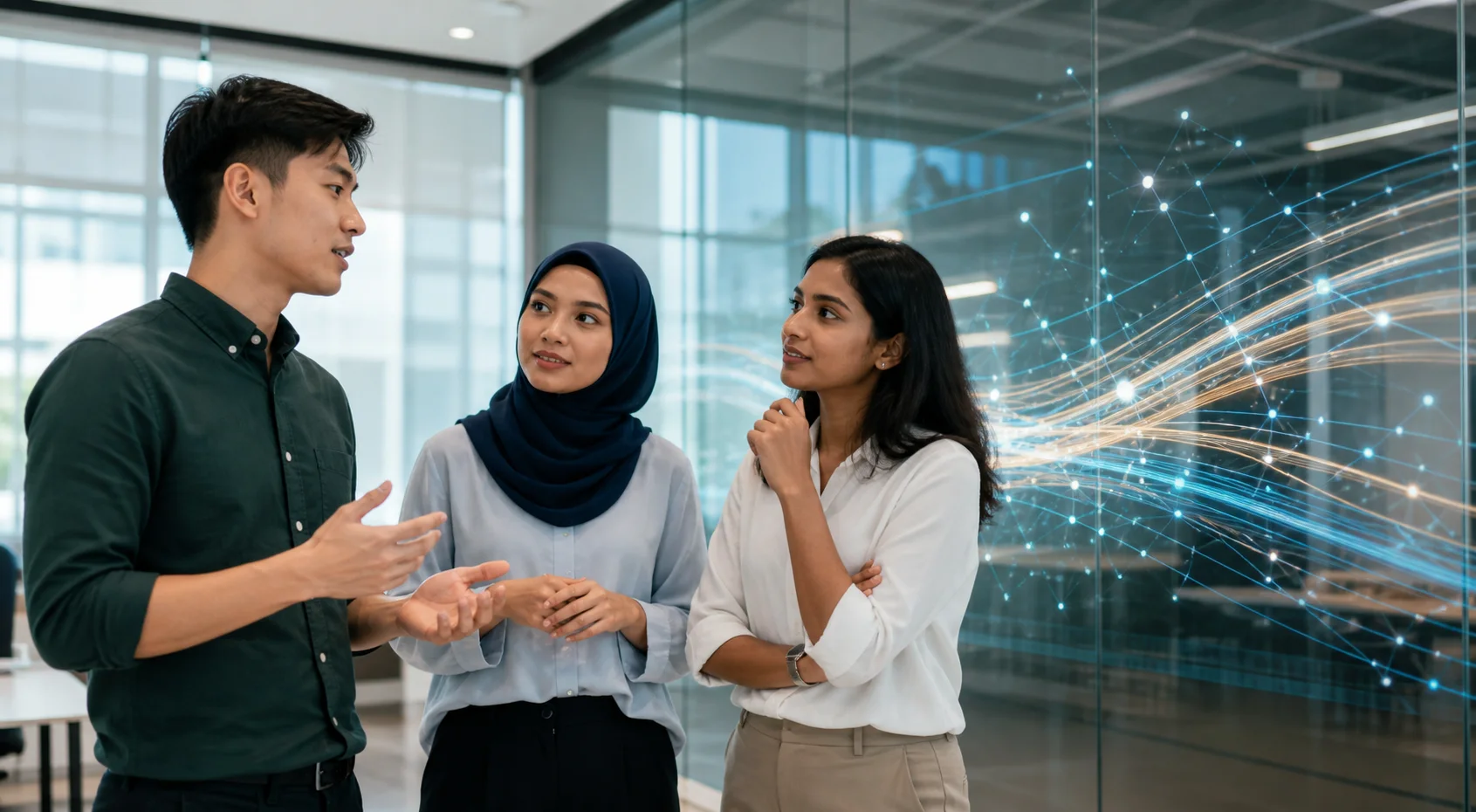 Three Singaporean Chinese, Malay and Indian professionals discussing a digital workflow beside abstract data connections in a Singapore office