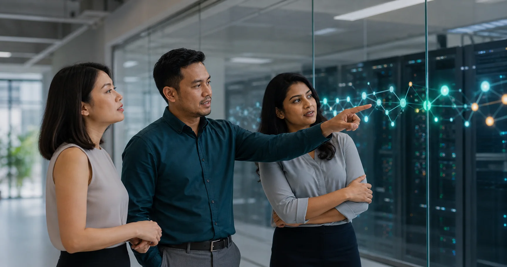 Singaporean Chinese, Malay and Indian professionals choosing a digital workflow beside server infrastructure and abstract data connections