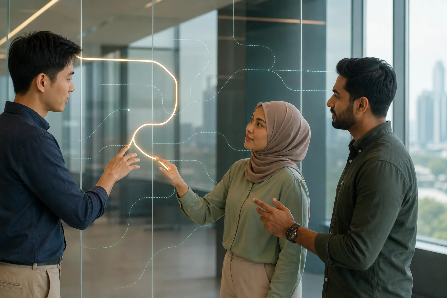 Singaporean Chinese, Malay and Indian professionals tracing one approved digital path on a glass partition