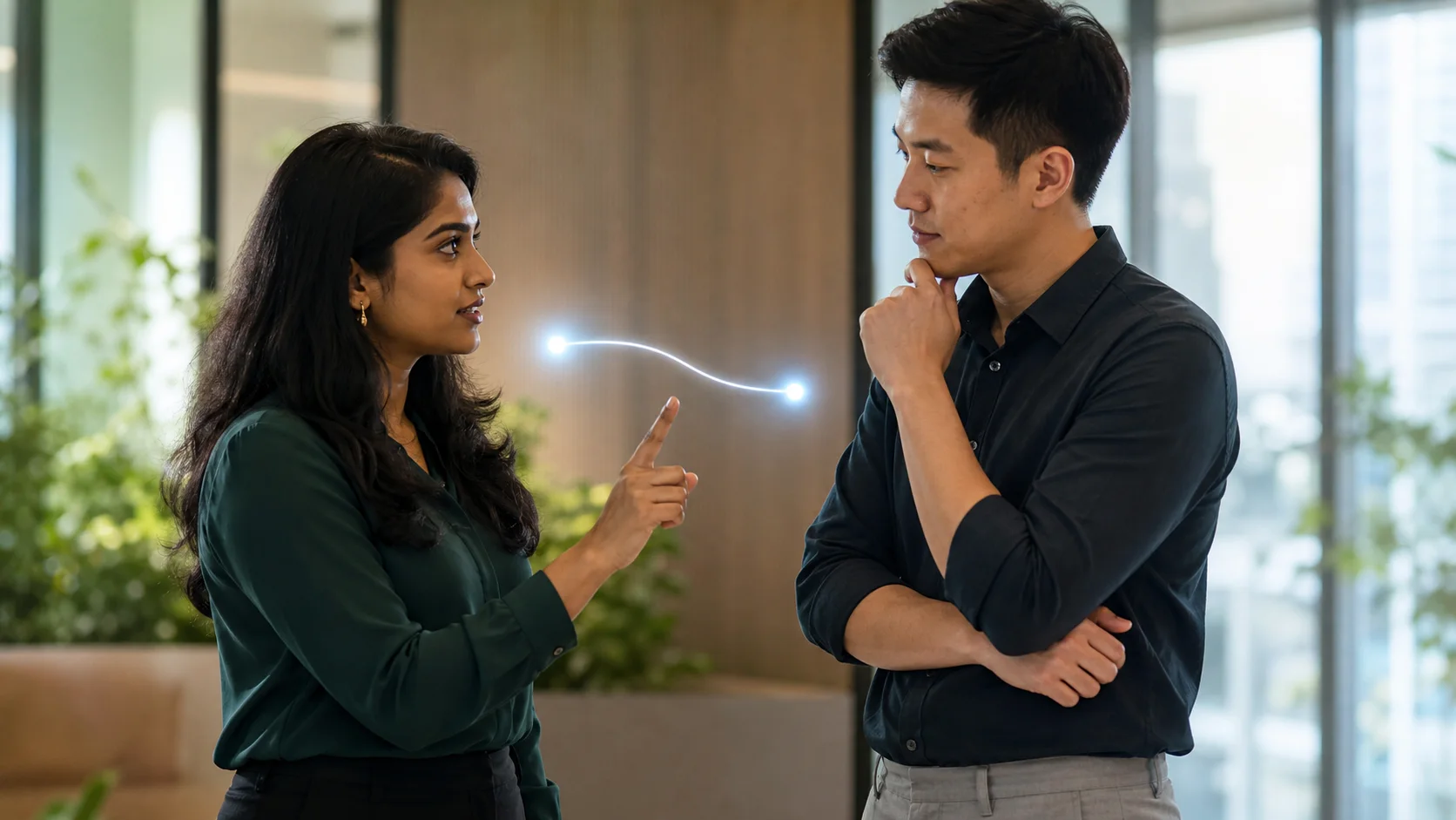 Singaporean Indian woman discussing a proposed digital handoff with a Singaporean Chinese colleague