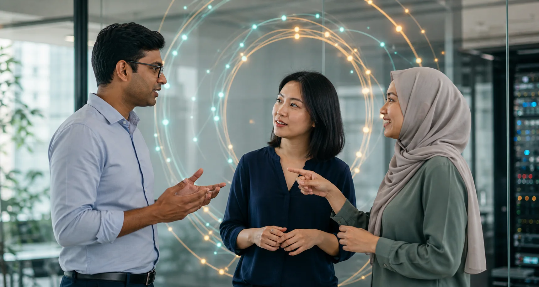 Singaporean Indian, Chinese and Malay professionals discussing a feedback loop around abstract digital data connections