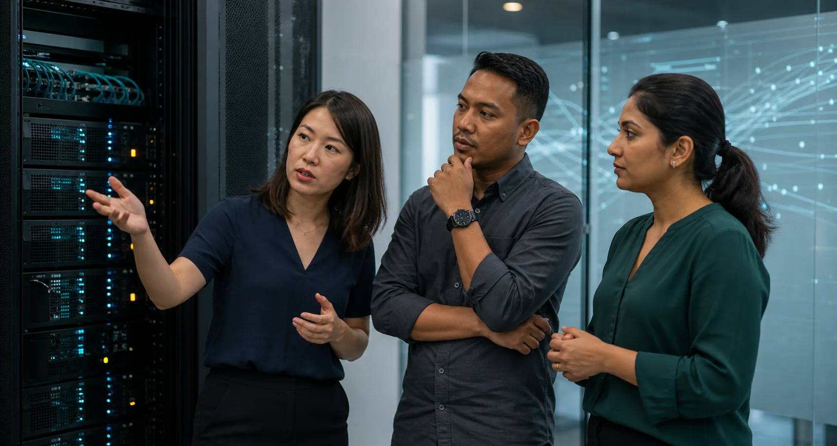 Singaporean Chinese, Malay and Indian professionals reviewing digital workflow health beside a server rack
