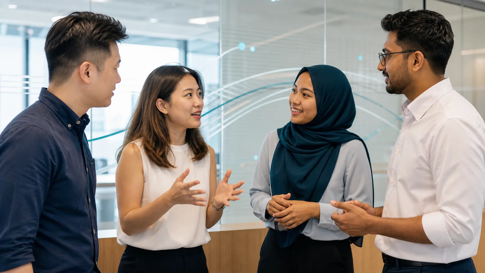 Four Singaporean Chinese, Malay and Indian professionals discussing an AI workflow in a small learning group with abstract digital data lines behind them