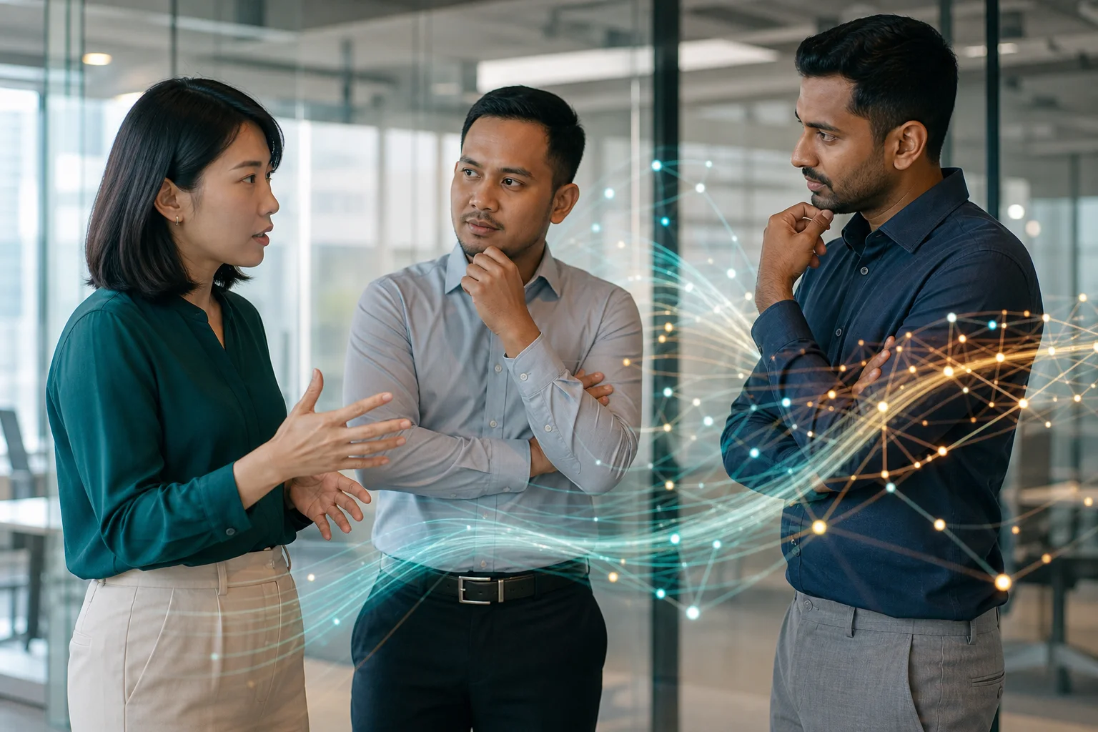 Singaporean Chinese, Malay and Indian professionals evaluating an AI agent business case beside abstract digital data flows
