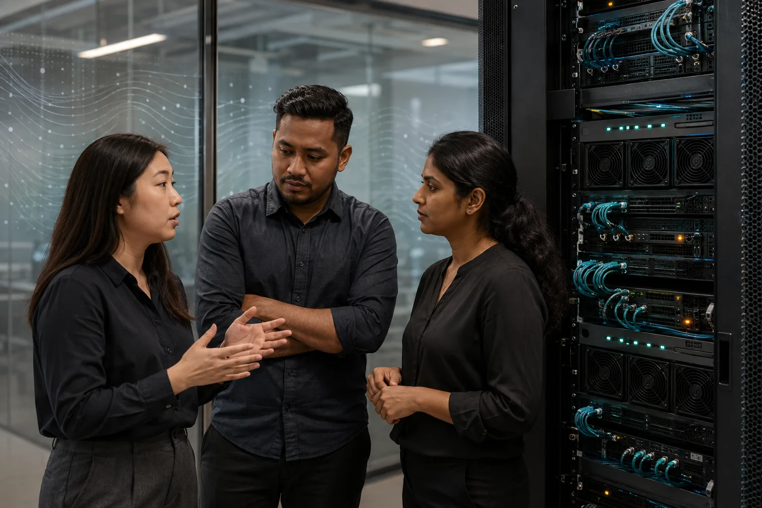 Singaporean Chinese, Malay and Indian professionals reviewing digital infrastructure and operating cost signals beside a server rack