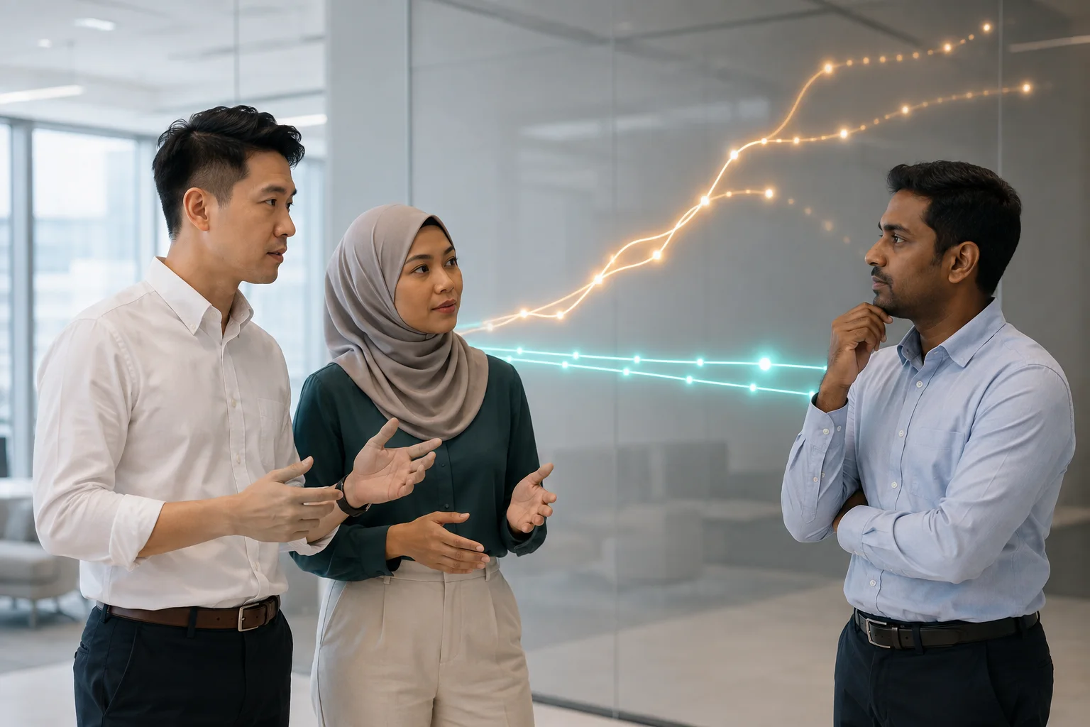 Singaporean Chinese, Malay and Indian professionals comparing two abstract digital workflow paths for realistic value
