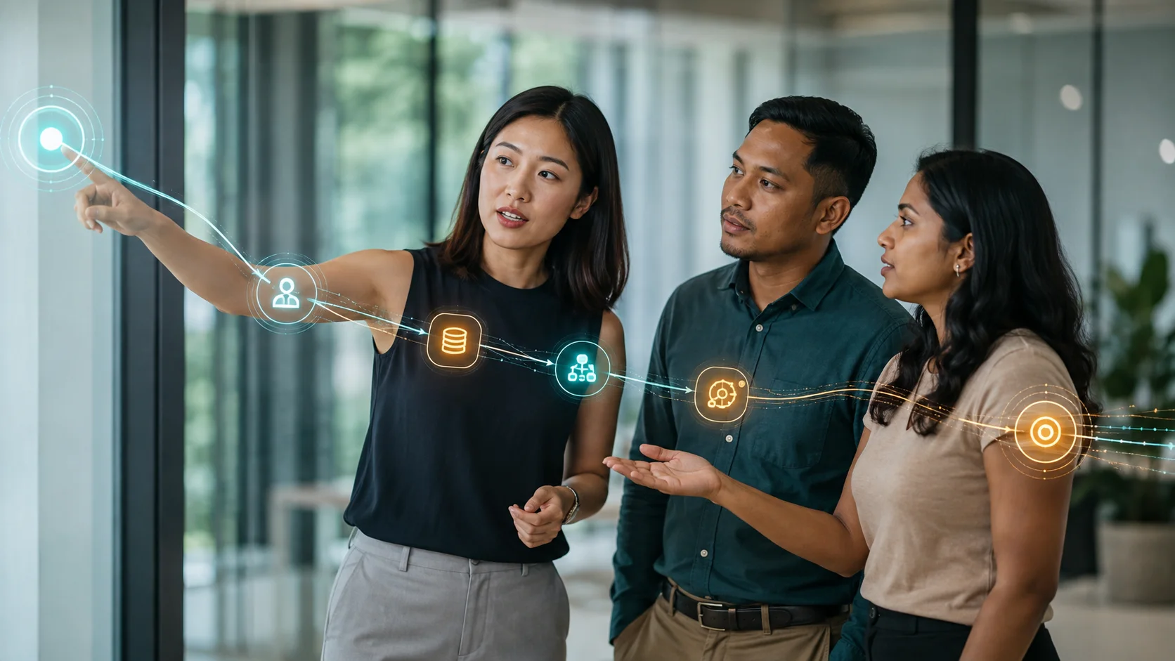 Singaporean Chinese, Malay and Indian professionals tracing a measurable digital workflow through abstract data nodes