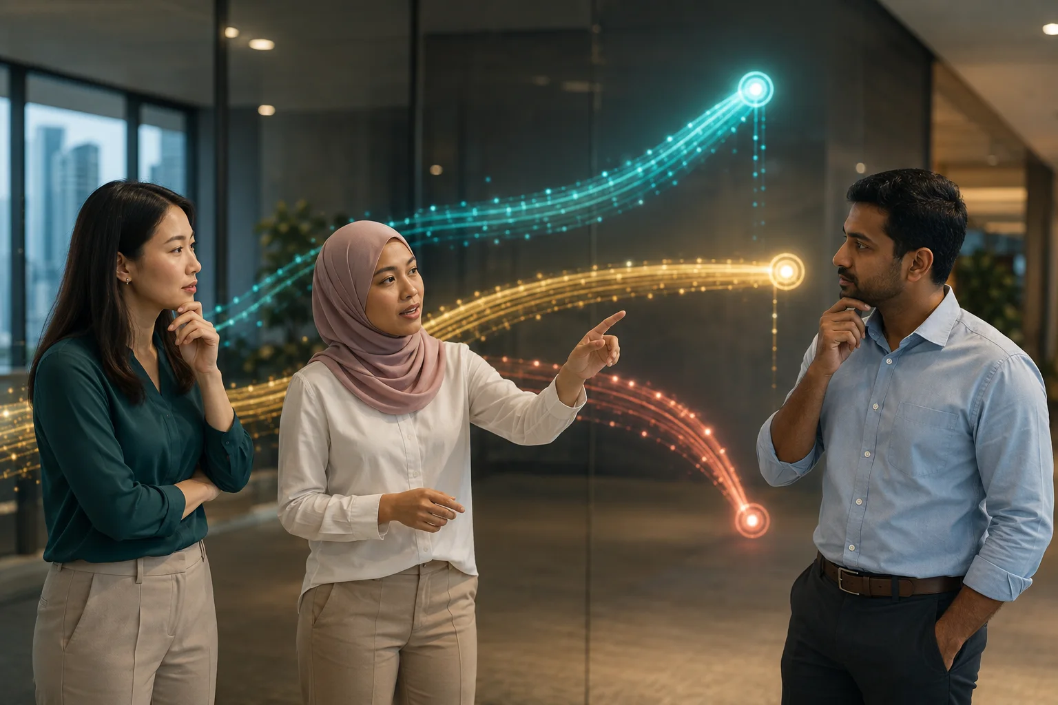 Singaporean Chinese, Malay and Indian professionals comparing three abstract digital paths representing AI agent ROI scenarios