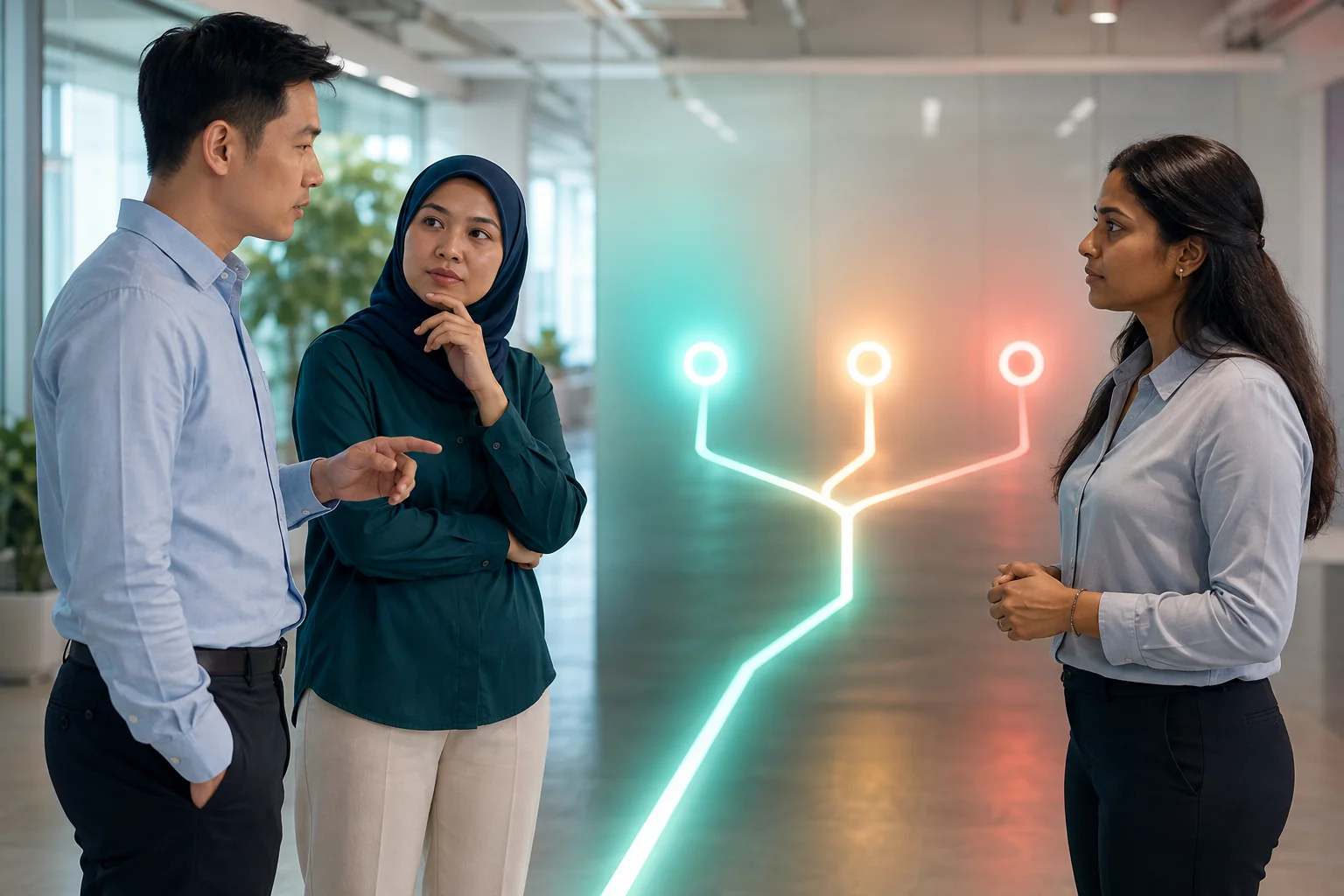 Singaporean Chinese, Malay and Indian professionals comparing green, amber and red digital decision paths
