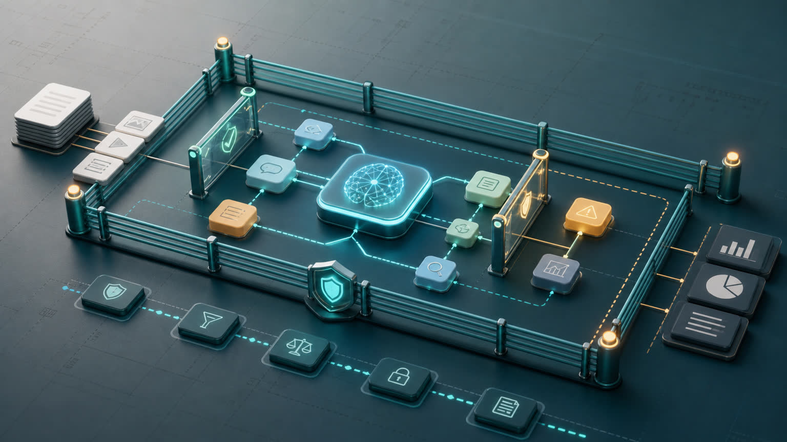 Protected AI workflow concept with guardrails and approval gates
