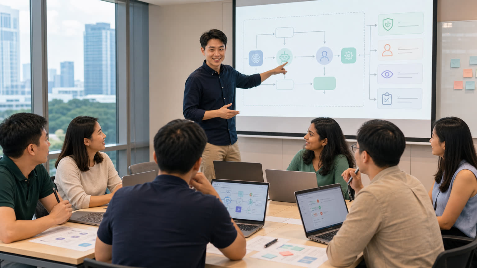 Singaporean instructor guiding Asian learners through an AI agent guardrails workshop