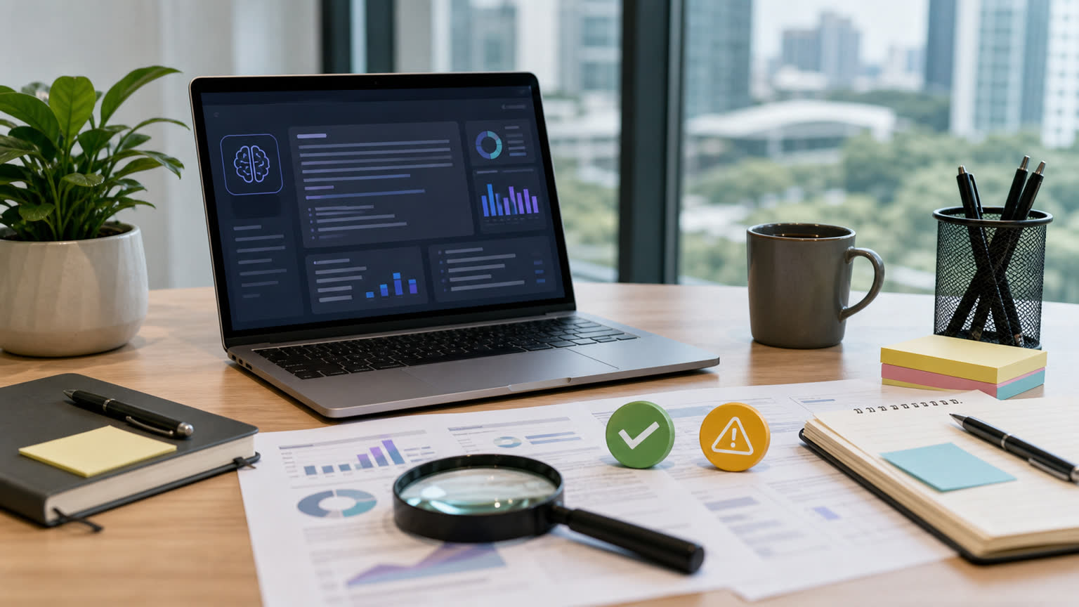 Desk with an abstract AI report dashboard, review papers, magnifying glass, and decision icons