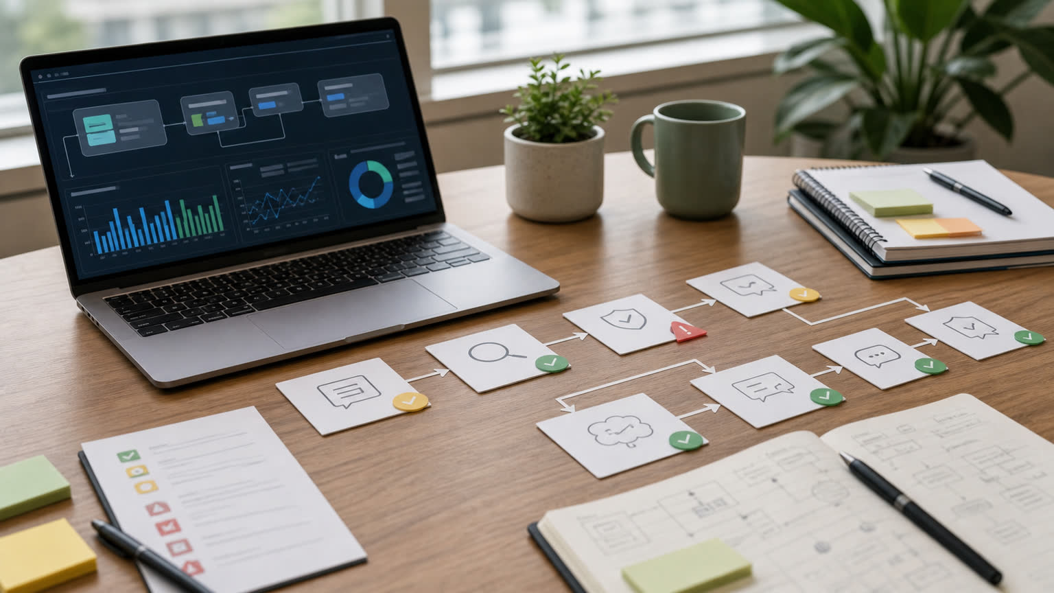 Desk setup with AI workflow test cards, approval markers, error flags, and an abstract dashboard