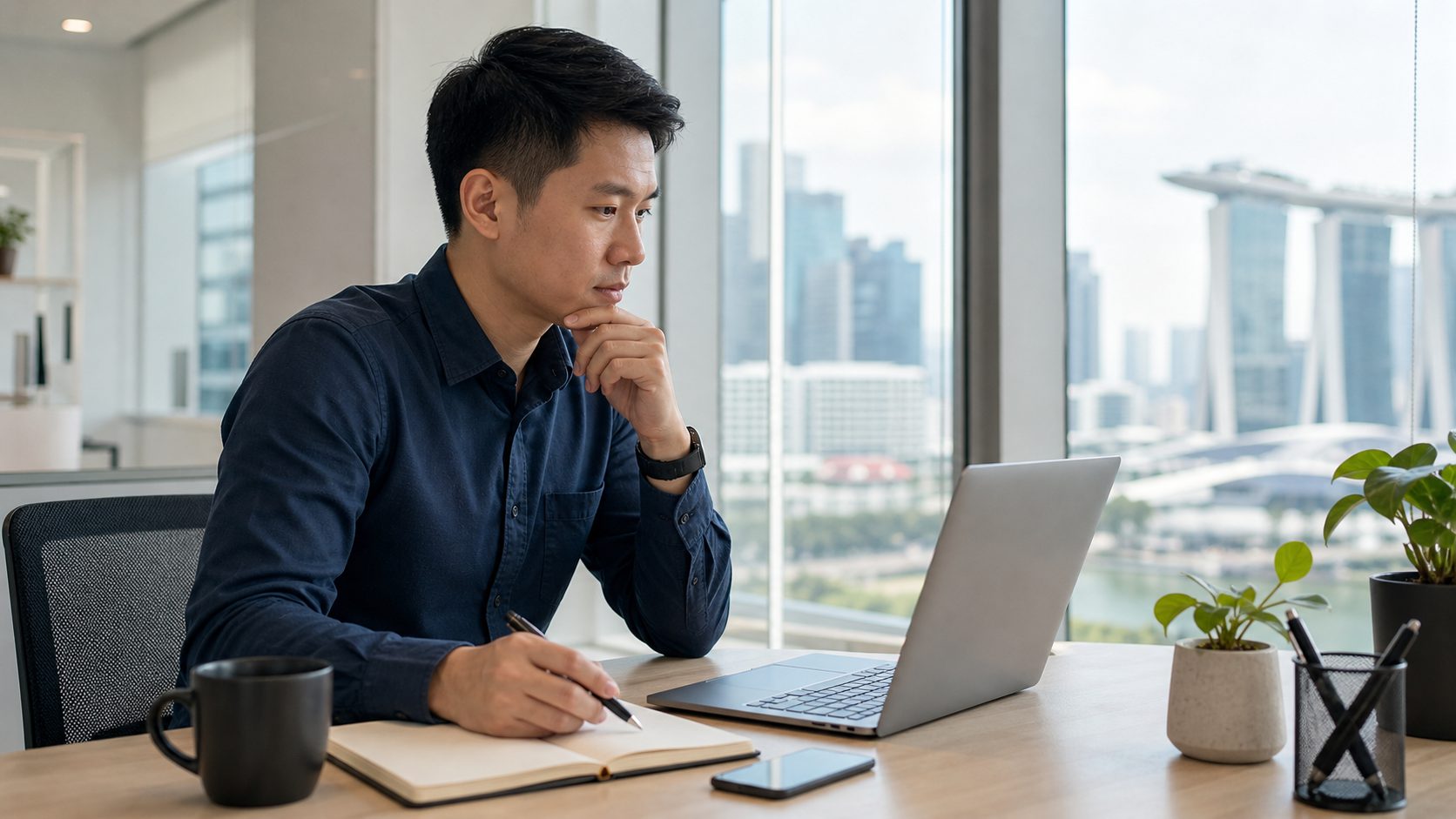 Professional working at a laptop in a modern office