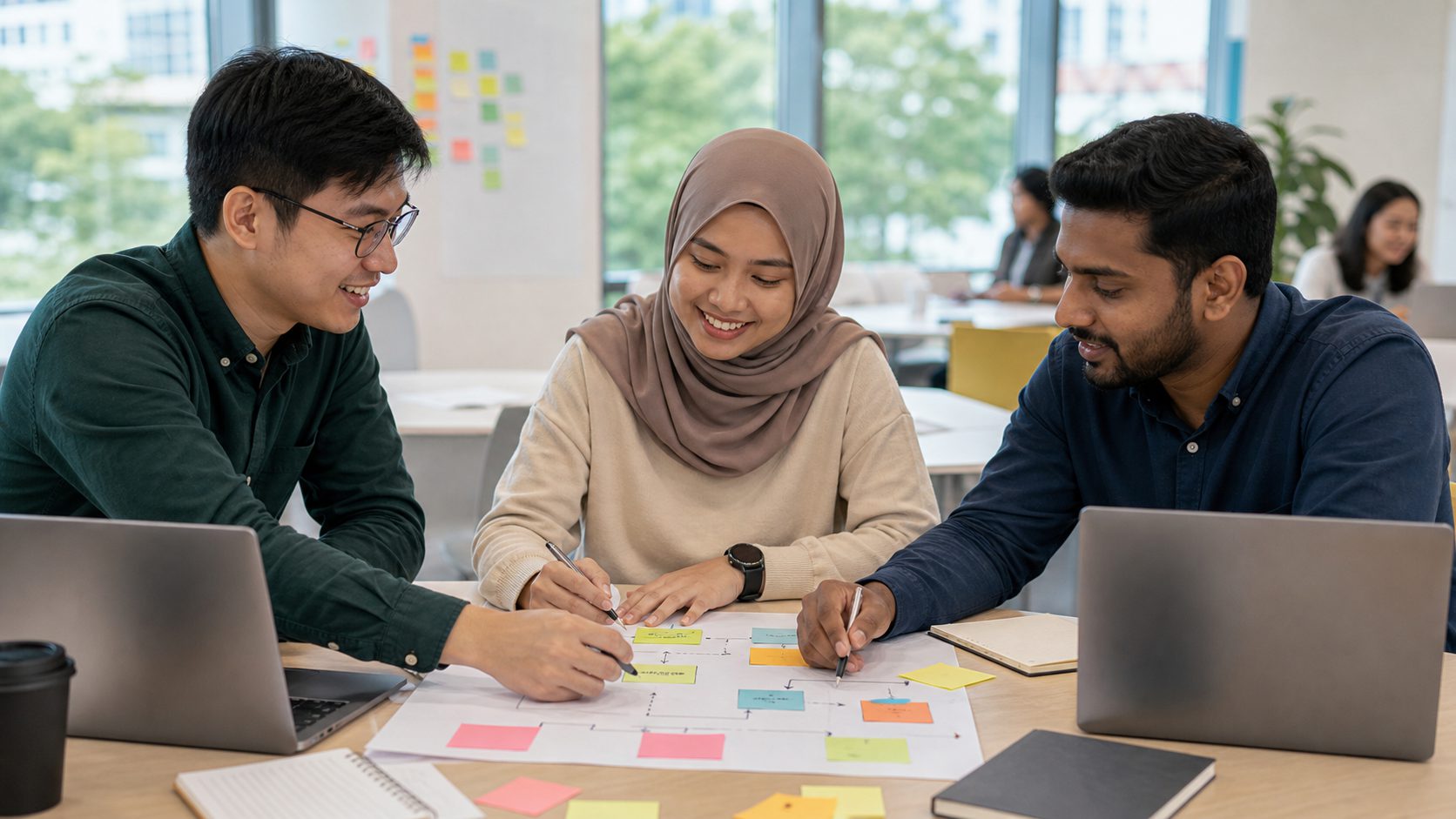 Singaporean Chinese, Malay and Indian professionals collaborating around laptops and notes
