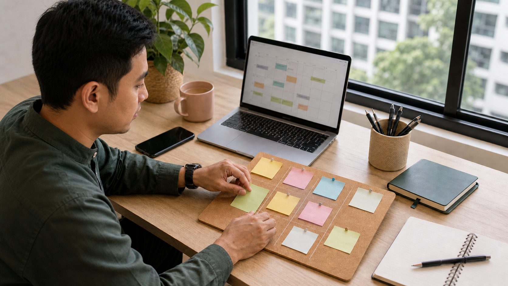 Singaporean Malay professional organizing a small work automation task at a desk