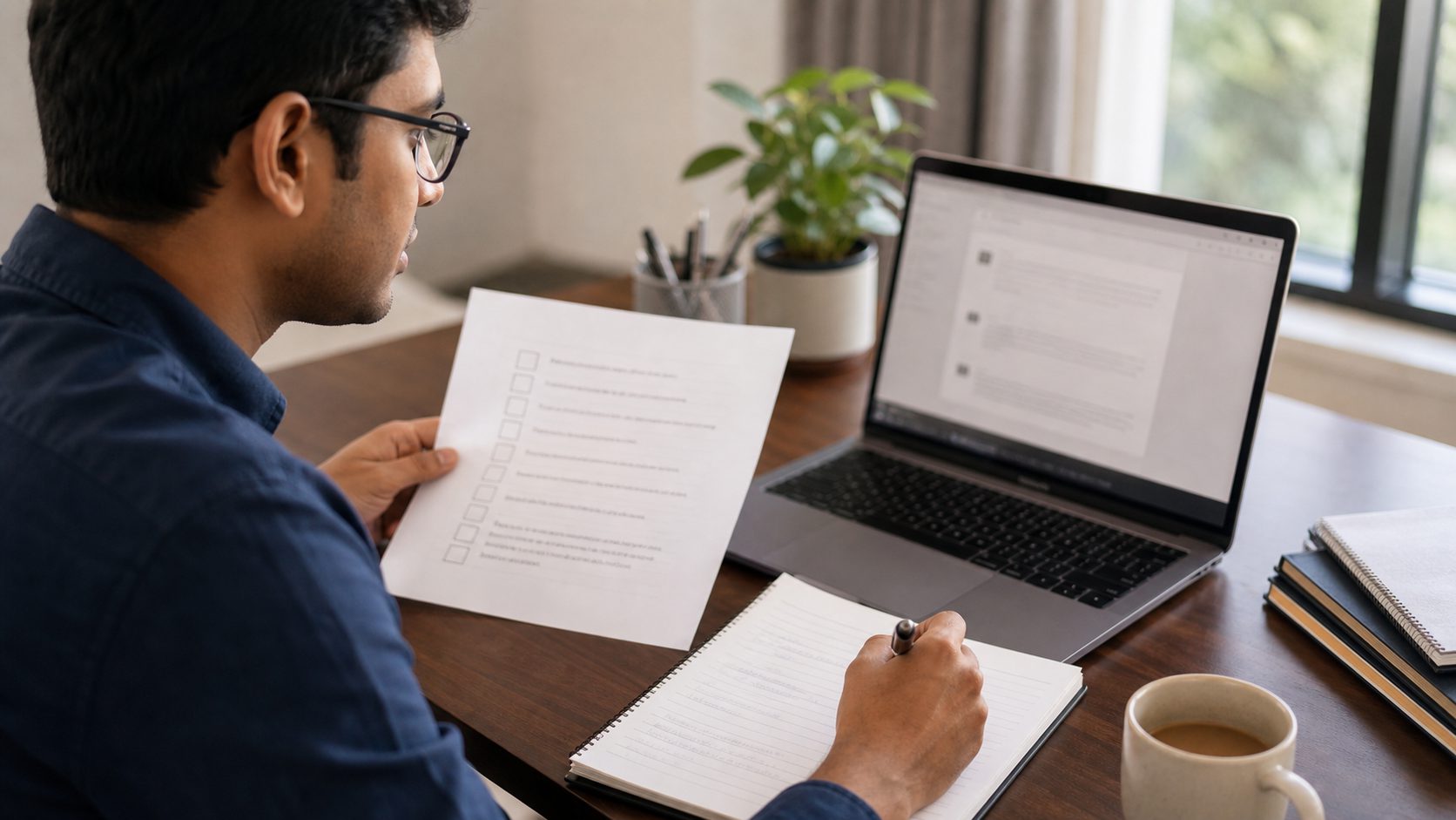 Singaporean Indian professional checking an AI assistant workflow against notes