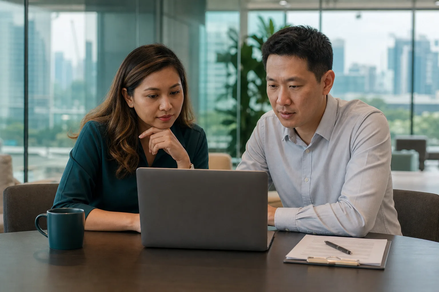 Two Singaporean professionals reviewing work together with a laptop screen facing them and away from the camera
