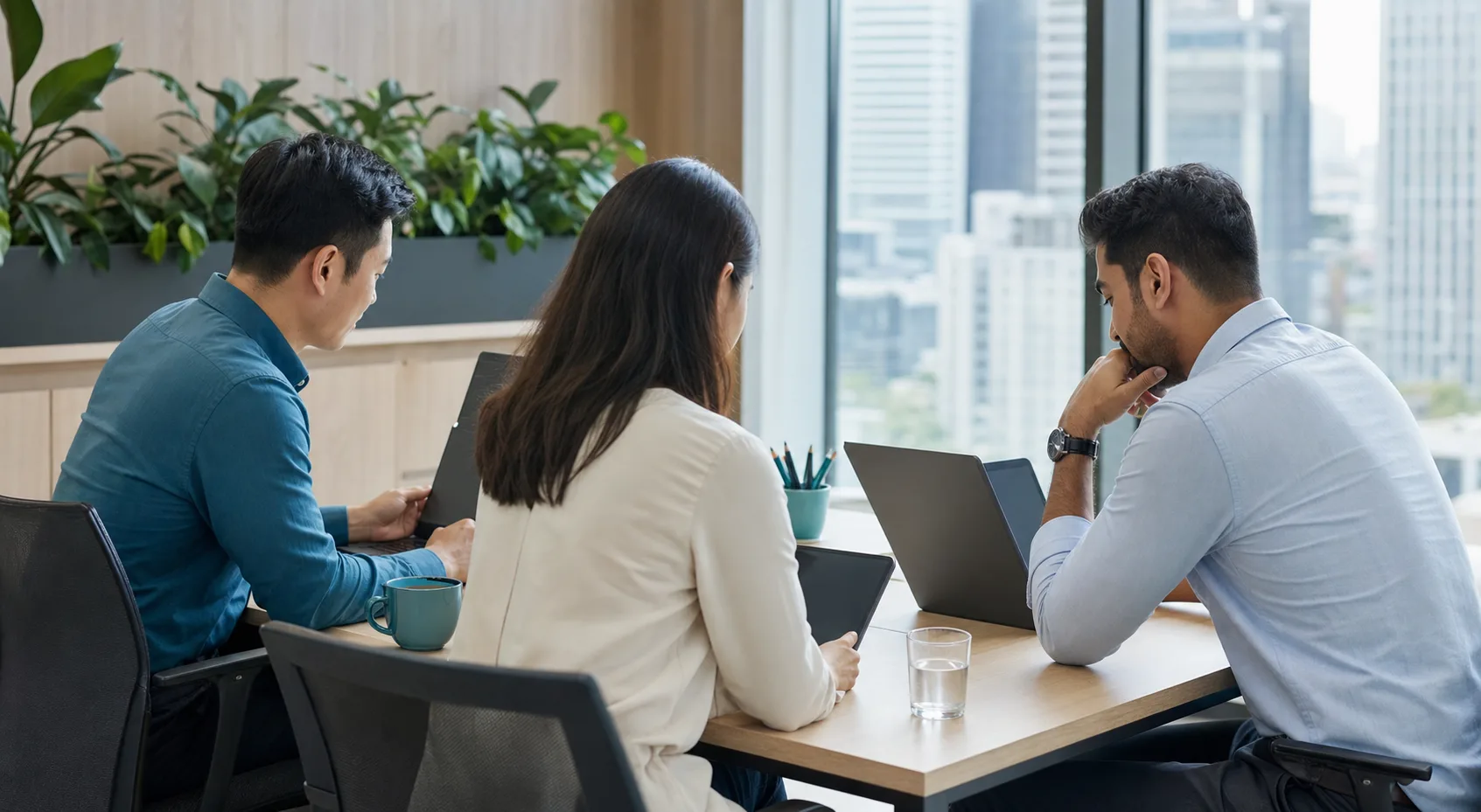Three Singaporean professionals collaborating around devices viewed from behind in a modern office