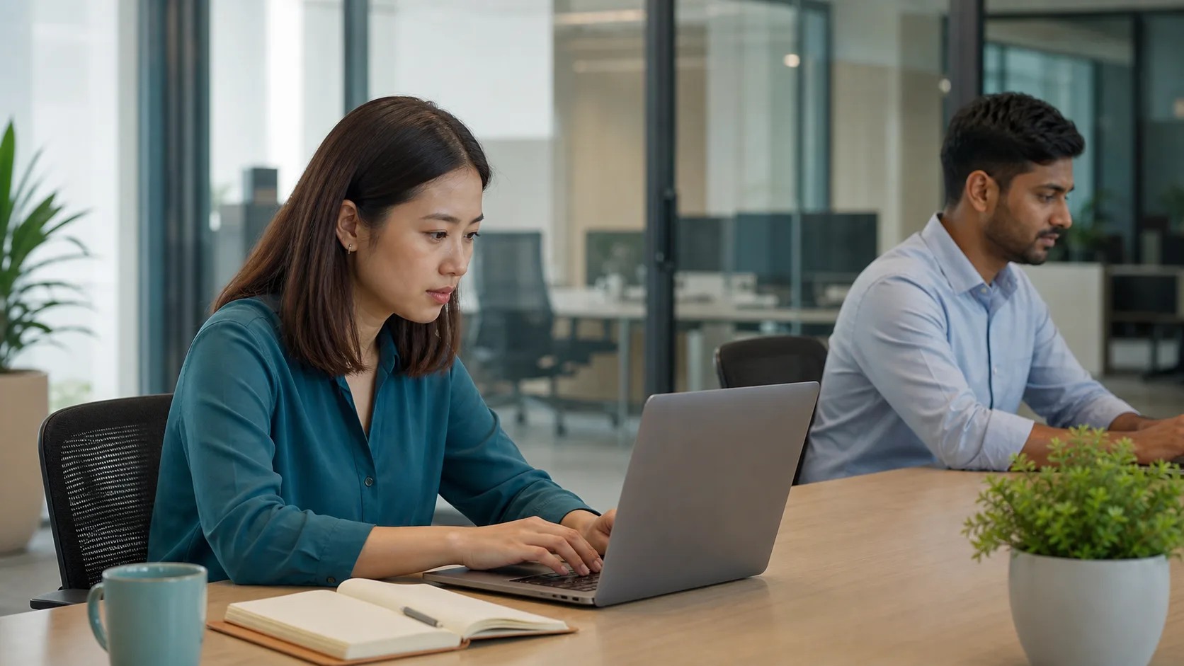 Singaporean professionals using laptops from the side, with their screens facing their own work