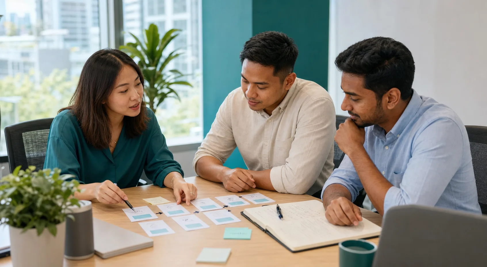 Three Singaporean professionals mapping how different tools support one workflow using cards and notes