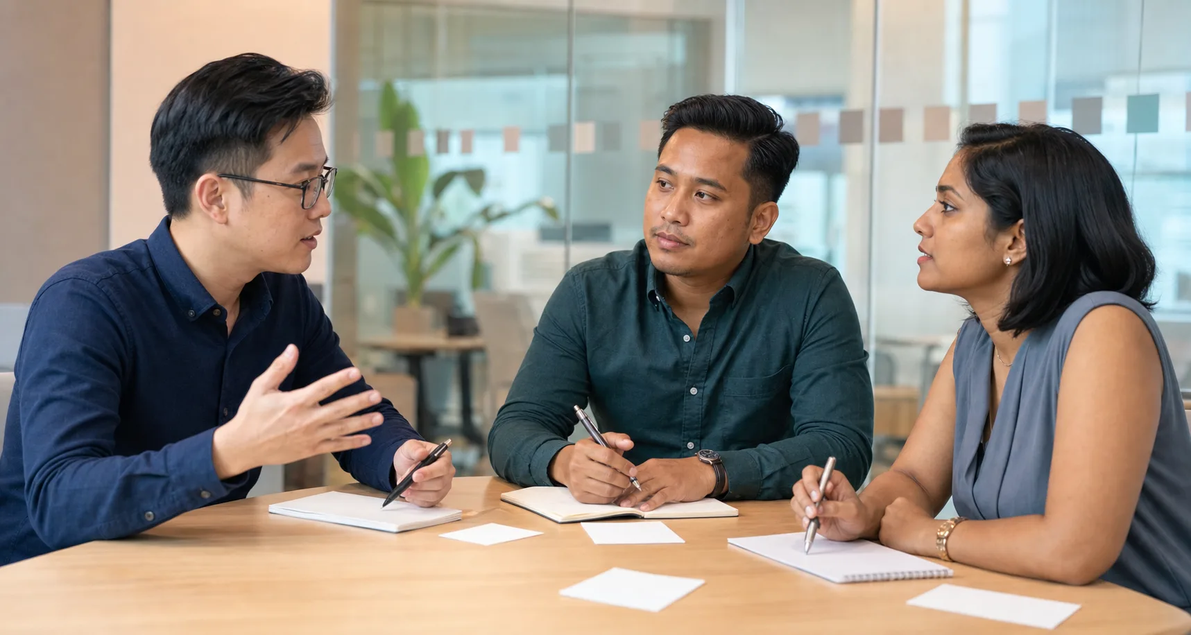 Three Singaporean professionals discussing questions and taking notes around a meeting table