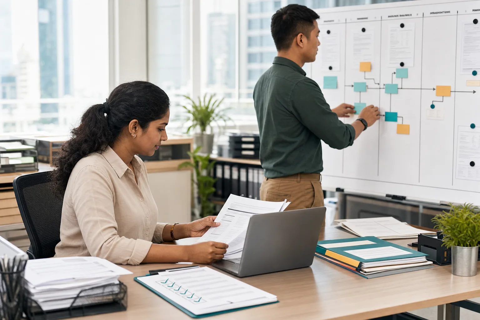 Singaporean operations professionals reviewing forms and a physical workflow board beside a laptop viewed from behind