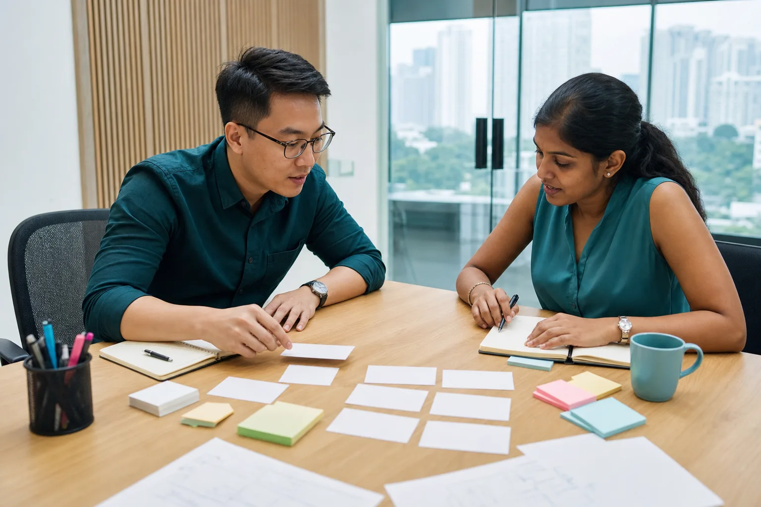 Two Singaporean professionals mapping a workflow with blank cards and notes in a project room
