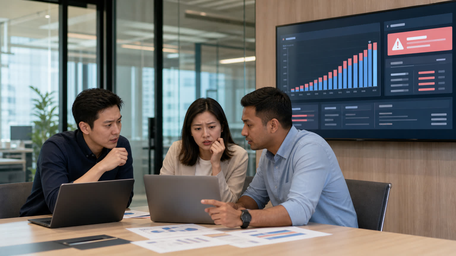 Singaporean professionals reviewing an AI usage cost dashboard in an office