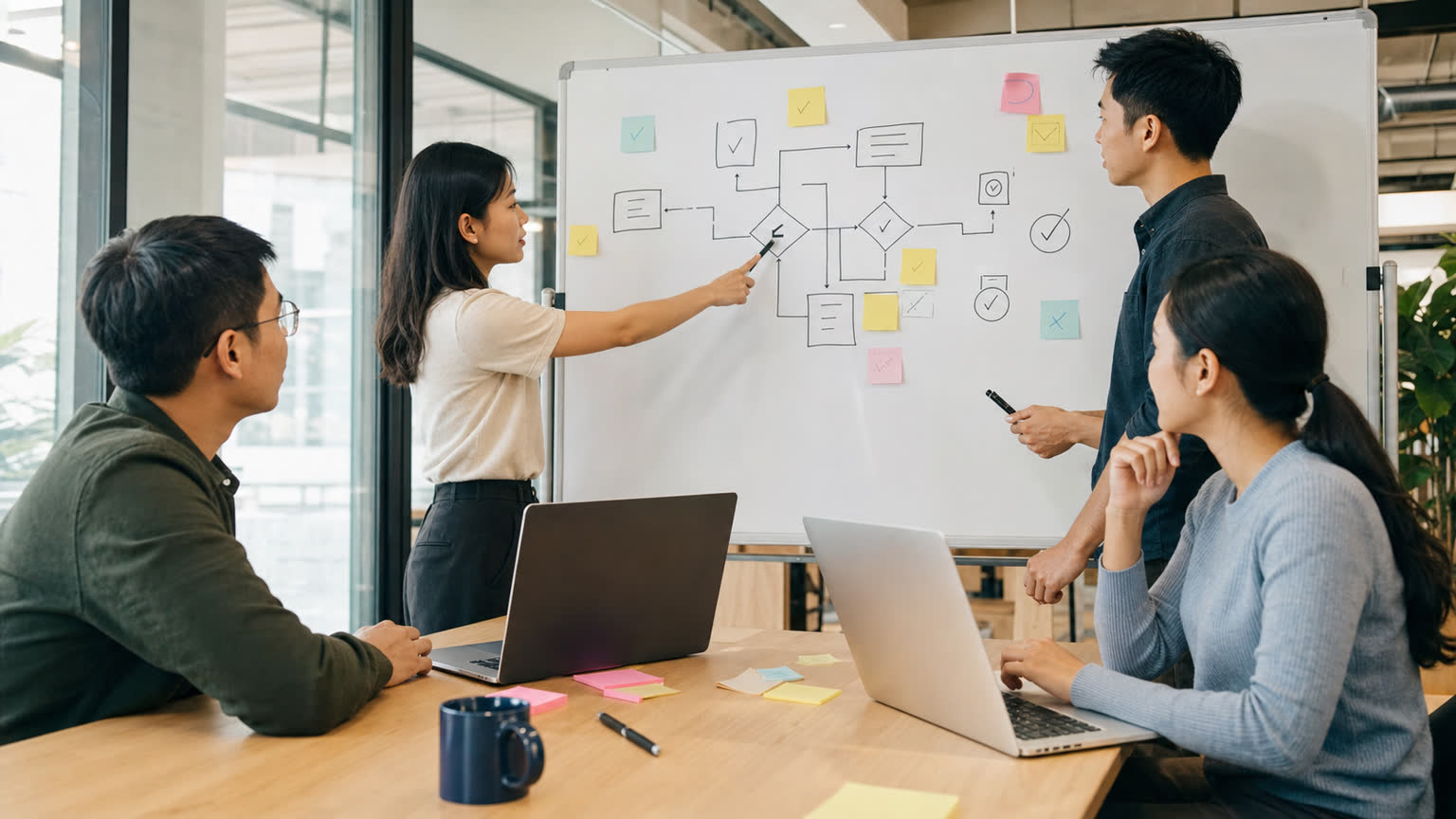 Singaporean professionals designing an AI agent workflow on a whiteboard before launch