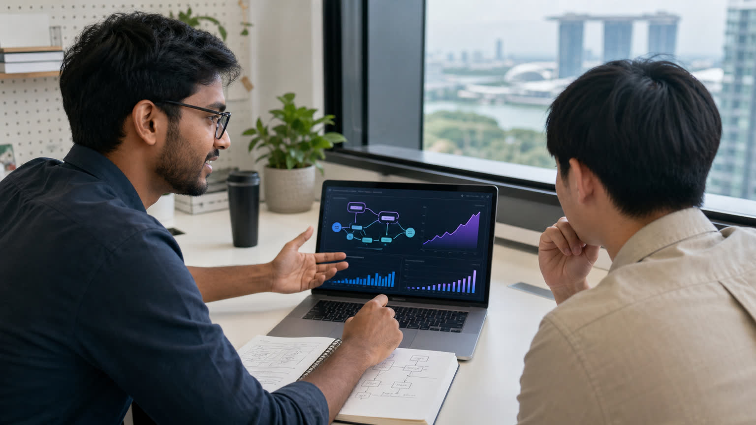 Singaporean Indian and Chinese professionals reviewing an AI agent workflow dashboard with rising usage charts