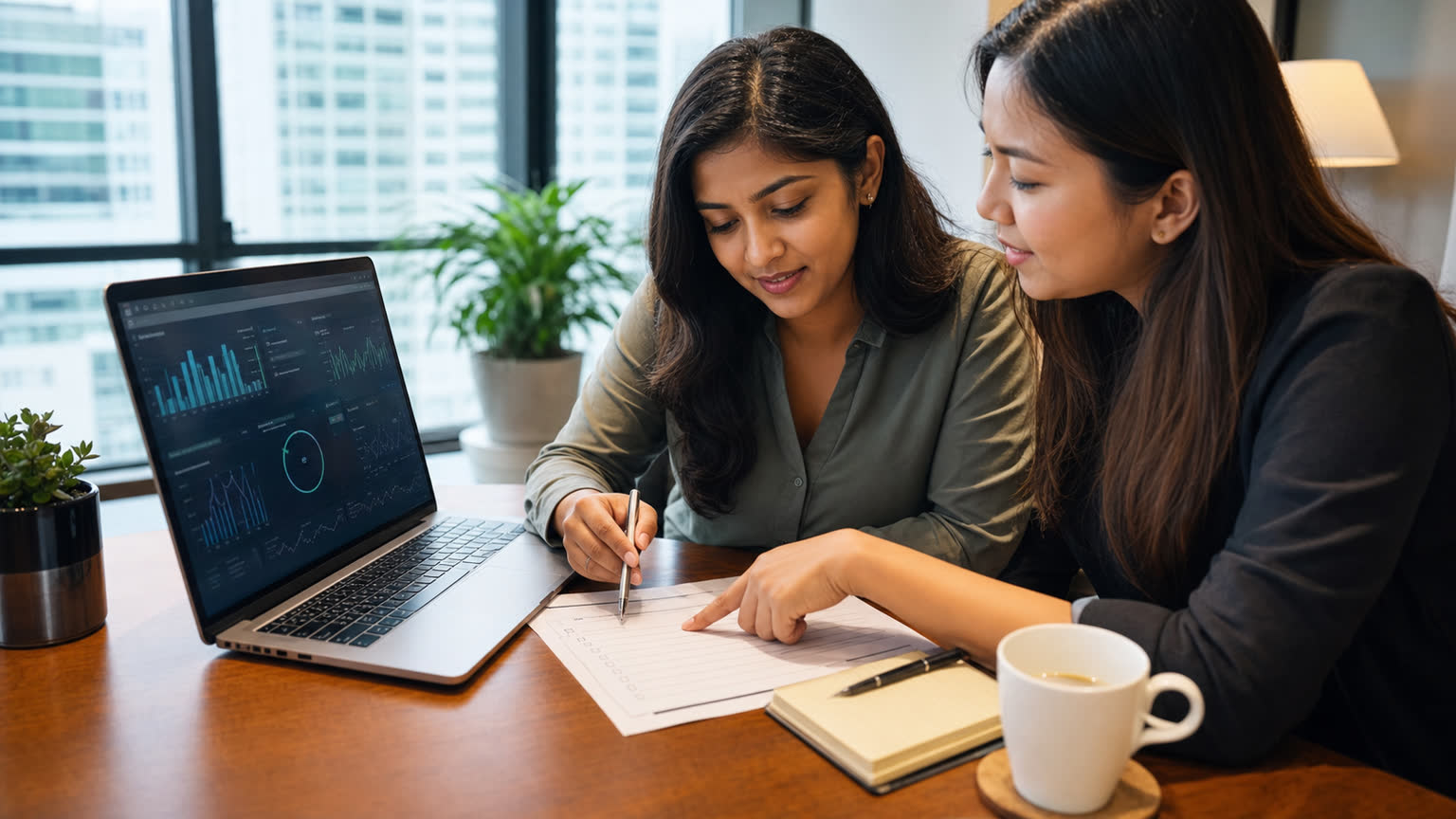Singaporean Indian and Malay professionals reviewing an AI token cost-control checklist beside a laptop dashboard