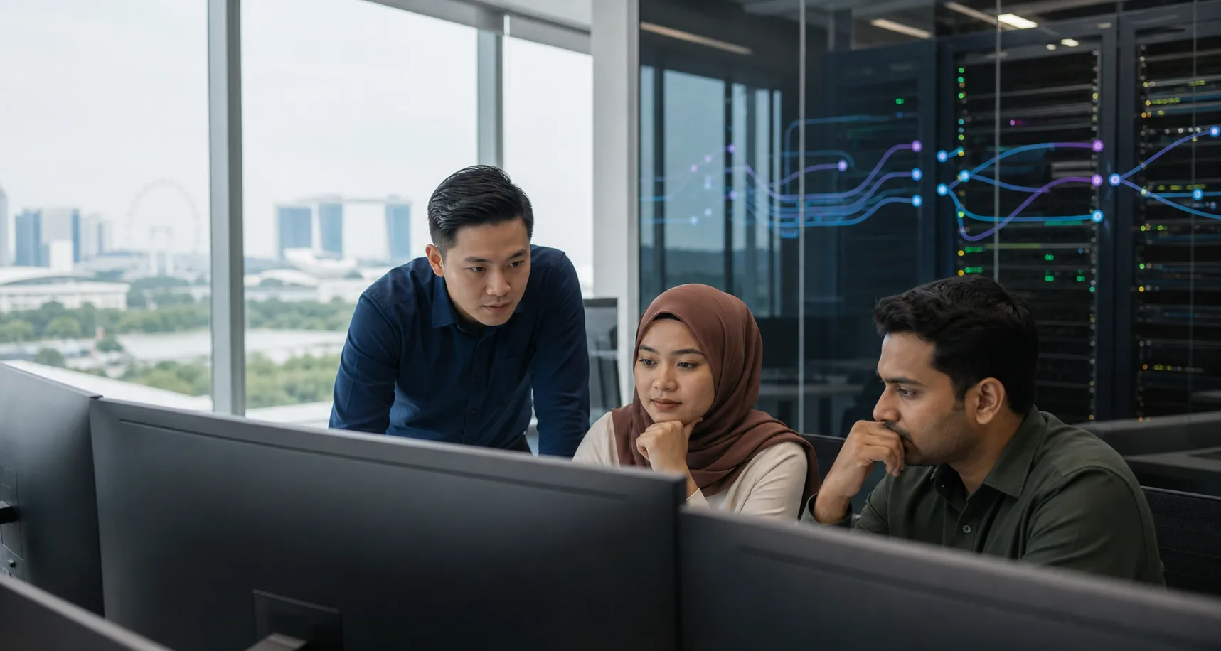Singaporean Chinese, Malay and Indian professionals reviewing an AI agent scorecard beside server infrastructure